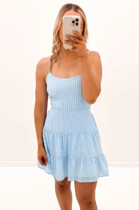 Maisy Check Mini Dress Blue--Leather Mini Skirt