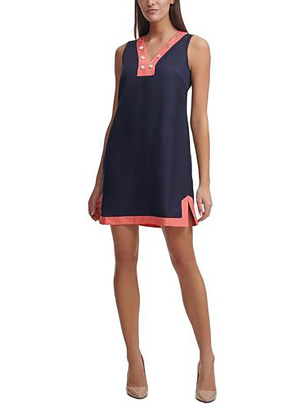 Petites Womens Two Tone V-Neck Mini Dress--High-Waisted Mini Skirt
