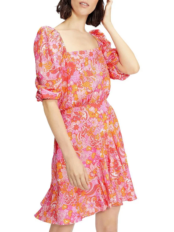 Womens Mini Puff Sleeve Fit & Flare Dress--Mini Skirt with Bow