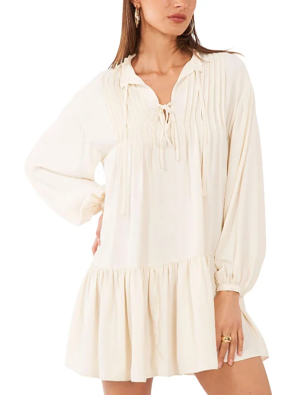 Womens Tie Neck Ruffled Trim Mini Dress--Sexy Mini Skirt
