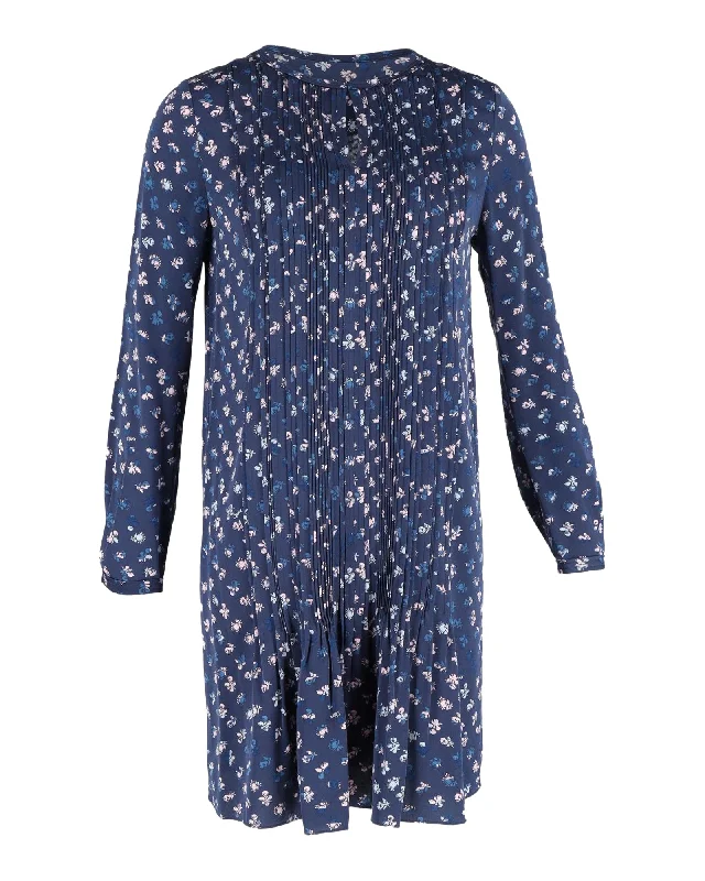 Diane Von Furstenberg Printed Pleated Long-Sleeve Dress in Navy Blue Silk Cozy Maxi Dress