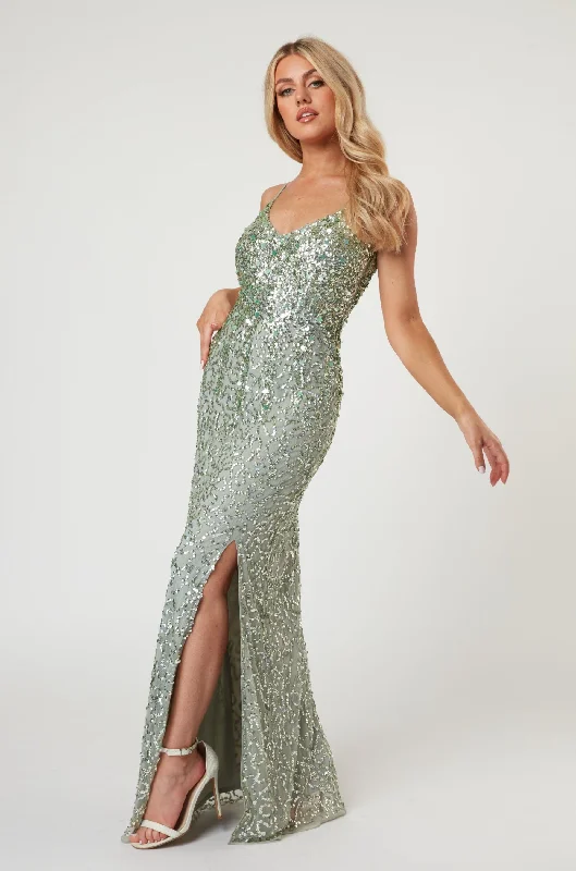 Gloria Sage Green Beaded Maxi Dress Lace Detail Maxi
