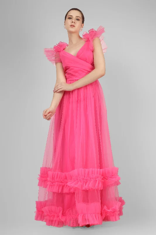 Nova Pink Tulle Corsage Maxi Dress Front Slit Skirt