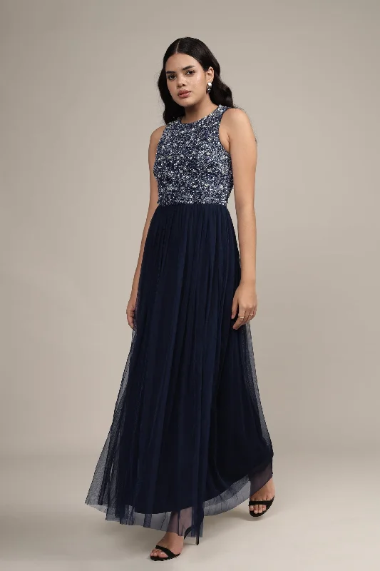 Picasso Embellished Maxi Dress in Navy with Pearl Beads Ruffled Maxi Skirt