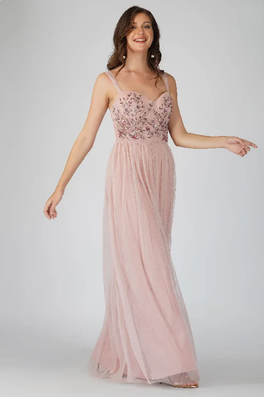 Riva Embellished Corset Maxi Dress in Pink Printed Maxi Skirt