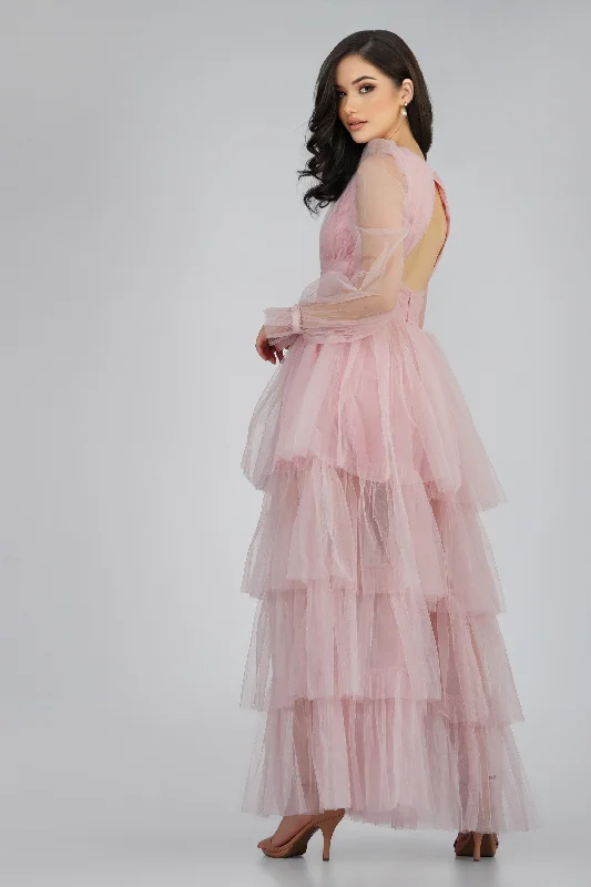 Salma Long Sleeve Tulle Maxi Dress in Pink Sexy Long Skirt