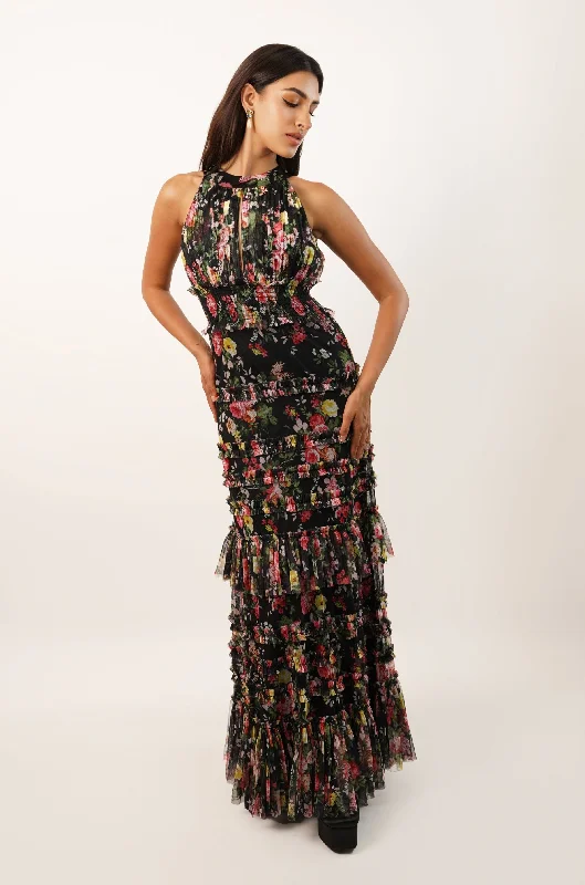 Santiago Winter Floral Maxi Dress Ruffle Long Maxi