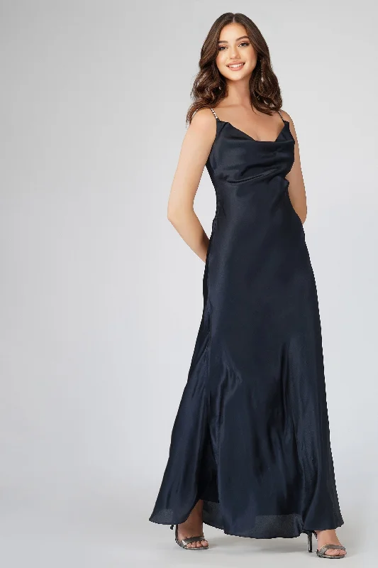 Sienna Navy Blue Satin Maxi Dress Soft Ruffled Maxi