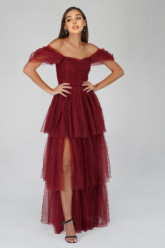 Sydney Burgundy Tulle Maxi Dress Tulle Layered Maxi