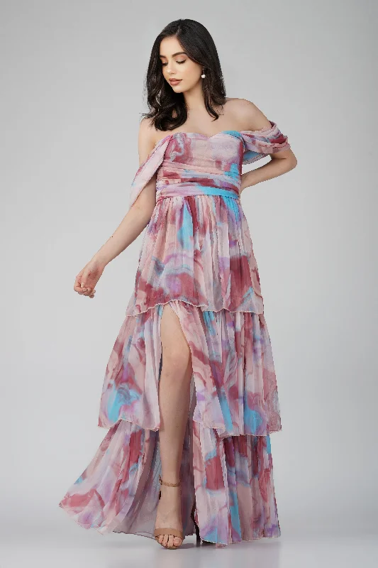 Sydney Chiffon Maxi Dress in Burgundy Print Comfortable Maxi Look