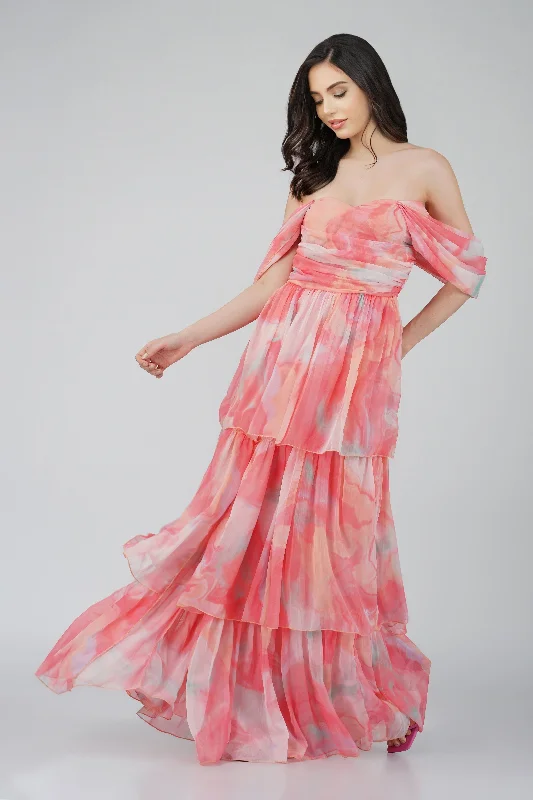 Sydney Chiffon Maxi Dress in Coral Print Pleated Floral Maxi