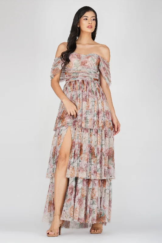 Sydney Off Shoulder Tulle Maxi Dress in Brown Floral Satin Maxi Skirt