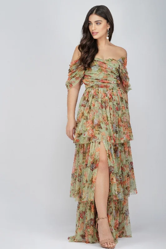 Sydney Tulle Maxi Dress in Green Floral Flowy Maxi Skirt