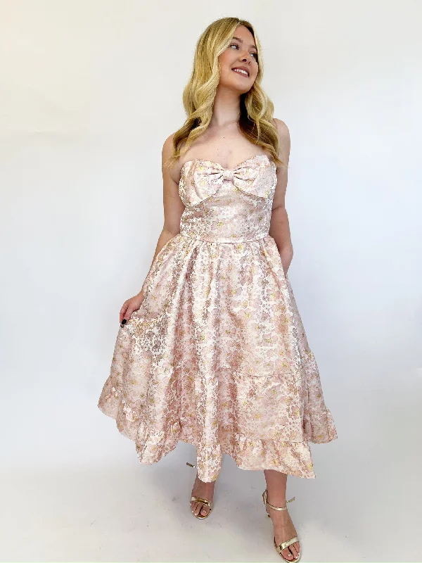 Blush Glitter Bow Jaquard Midi Dress Skater Midi Skirt